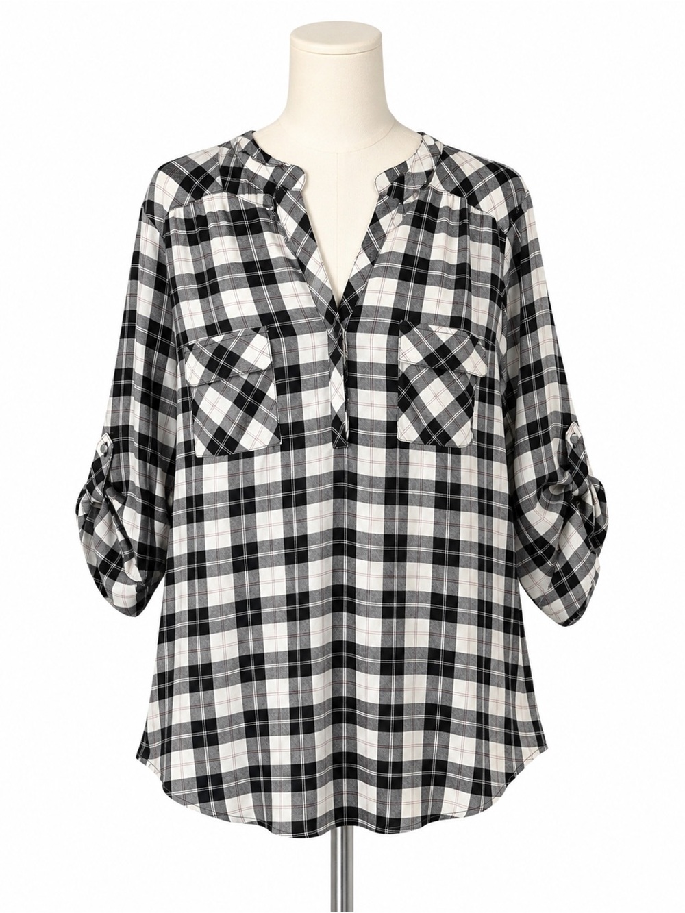Torrid Harper Plaid Black‎ Ivory Roll Tab Sleeve  Button-Front Tunic Top Size 2X